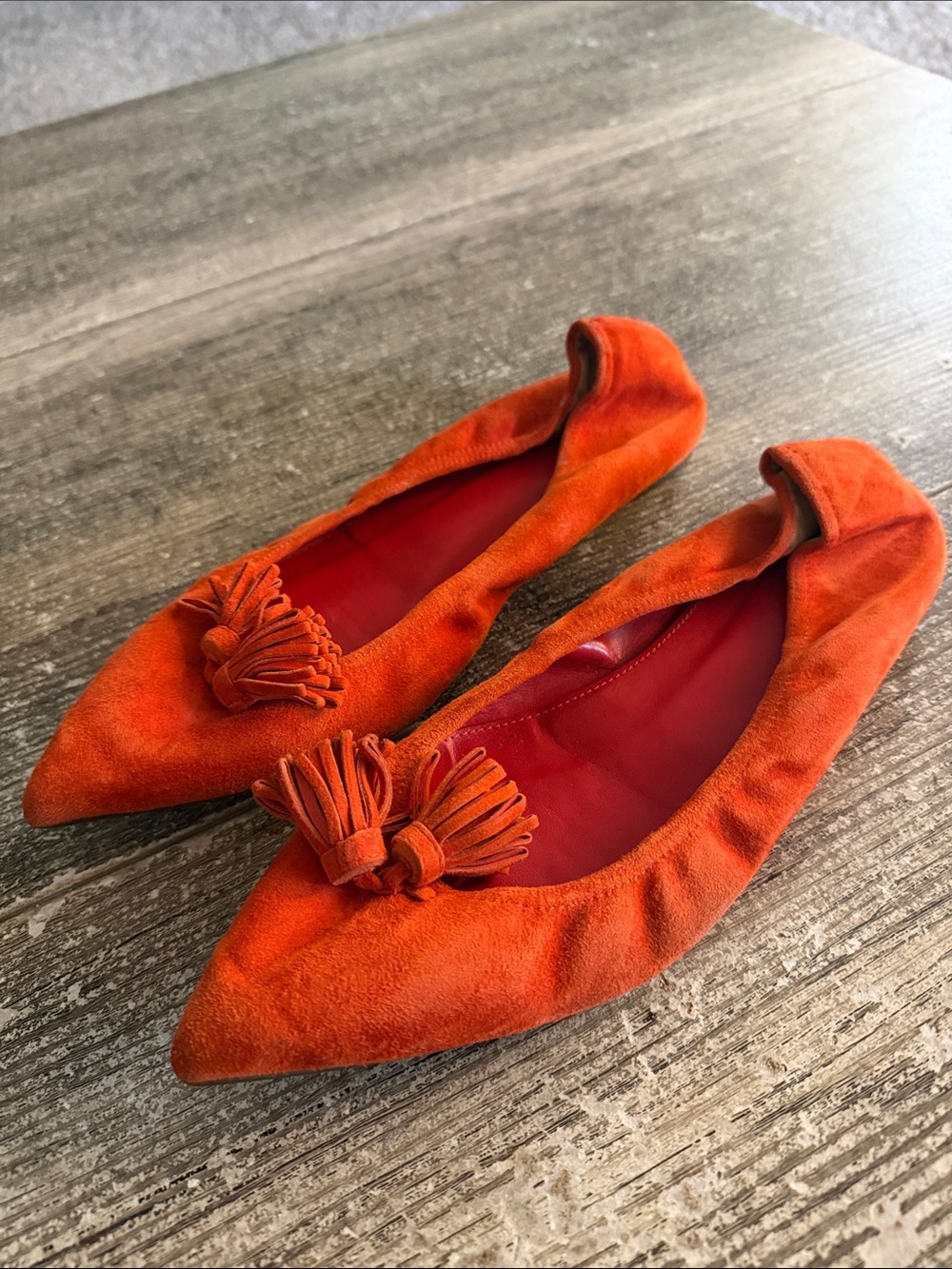 J. Crew Pom Pom pointy toes orange flat shoes